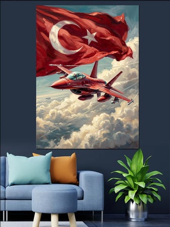 Türk Bayrağı Altında Jet Uçağı Dekoratif Kanvas - Mdf Ahşap Tablo