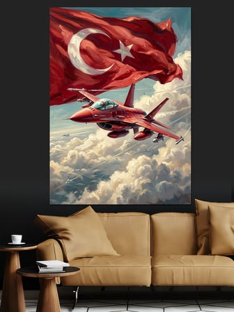 Türk Bayrağı Altında Jet Uçağı Dekoratif Kanvas - Mdf Ahşap Tablo