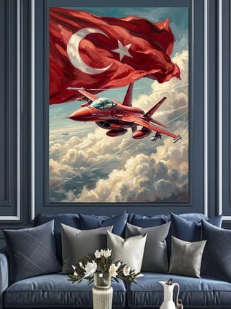 Türk Bayrağı Altında Jet Uçağı Dekoratif Kanvas - Mdf Ahşap Tablo