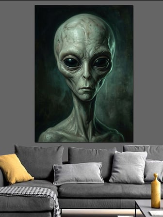 Uzaylı Gri Alien Kafa Portresi Dekoratif Kanvas - Mdf Ahşap Tablo