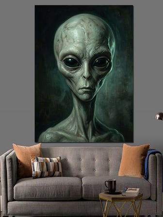 Uzaylı Gri Alien Kafa Portresi Dekoratif Kanvas - Mdf Ahşap Tablo