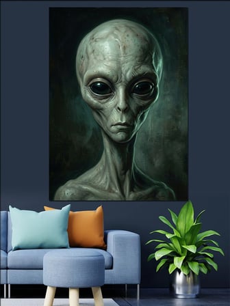 Uzaylı Gri Alien Kafa Portresi Dekoratif Kanvas - Mdf Ahşap Tablo