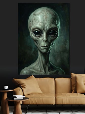 Uzaylı Gri Alien Kafa Portresi Dekoratif Kanvas - Mdf Ahşap Tablo