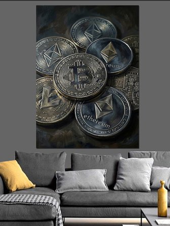 Yığın Halinde Eski Bitcoin Paraları Dekoratif Kanvas - Mdf Ahşap Tablo
