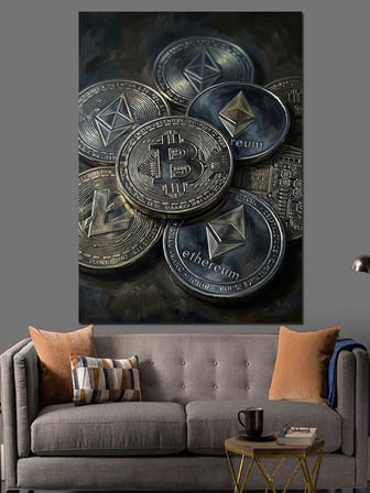 Yığın Halinde Eski Bitcoin Paraları Dekoratif Kanvas - Mdf Ahşap Tablo