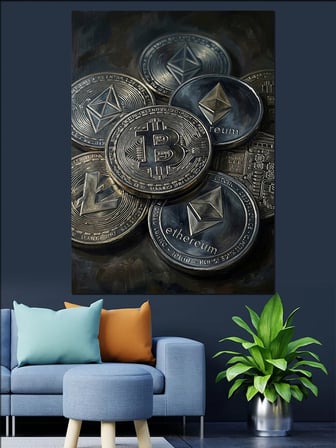 Yığın Halinde Eski Bitcoin Paraları Dekoratif Kanvas - Mdf Ahşap Tablo