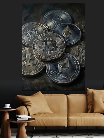 Yığın Halinde Eski Bitcoin Paraları Dekoratif Kanvas - Mdf Ahşap Tablo