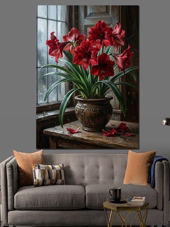 Pencere Önünde Kırmızı Amaryllis Çiçeği Dekoratif Kanvas - Mdf Ahşap Tablo