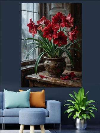 Pencere Önünde Kırmızı Amaryllis Çiçeği Dekoratif Kanvas - Mdf Ahşap Tablo