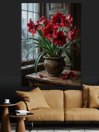 Pencere Önünde Kırmızı Amaryllis Çiçeği Dekoratif Kanvas - Mdf Ahşap Tablo