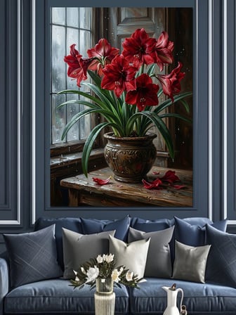 Pencere Önünde Kırmızı Amaryllis Çiçeği Dekoratif Kanvas - Mdf Ahşap Tablo