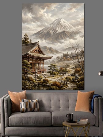 Sisli Dağlar Önünde Japon Evi Dekoratif Kanvas - Mdf Ahşap Tablo