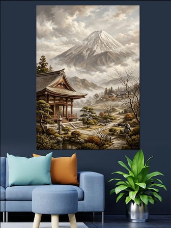 Sisli Dağlar Önünde Japon Evi Dekoratif Kanvas - Mdf Ahşap Tablo