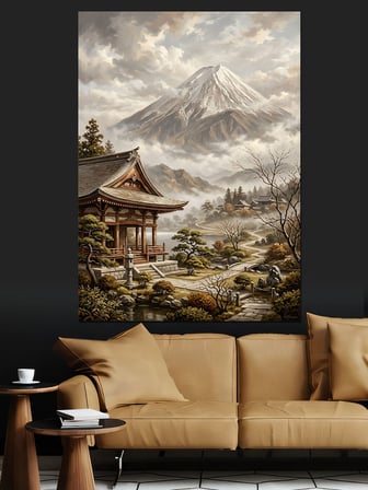 Sisli Dağlar Önünde Japon Evi Dekoratif Kanvas - Mdf Ahşap Tablo
