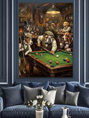 Bilardo Oynayan Köpekler Ve Bar Dekoratif Kanvas - Mdf Ahşap Tablo