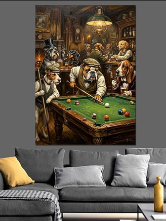 Bilardo Oynayan Köpekler Ve Bar Dekoratif Kanvas - Mdf Ahşap Tablo