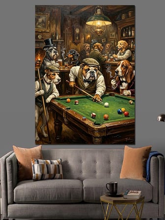 Bilardo Oynayan Köpekler Ve Bar Dekoratif Kanvas - Mdf Ahşap Tablo