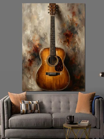 Boyalı Arka Planda Akustik Gitar Dekoratif Kanvas - Mdf Ahşap Tablo