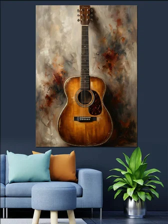 Boyalı Arka Planda Akustik Gitar Dekoratif Kanvas - Mdf Ahşap Tablo