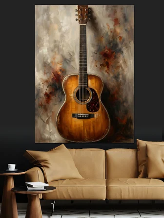 Boyalı Arka Planda Akustik Gitar Dekoratif Kanvas - Mdf Ahşap Tablo