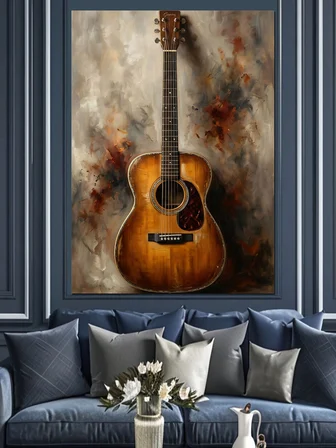 Boyalı Arka Planda Akustik Gitar Dekoratif Kanvas - Mdf Ahşap Tablo