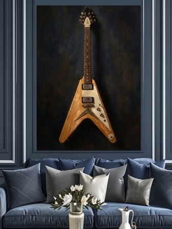 Duvara Yaslanmış V Tarzı Gitar Dekoratif Kanvas - Mdf Ahşap Tablo