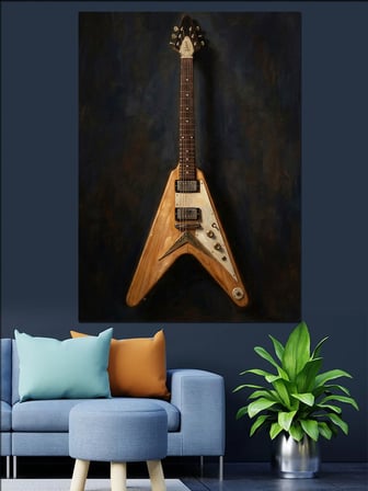 Duvara Yaslanmış V Tarzı Gitar Dekoratif Kanvas - Mdf Ahşap Tablo