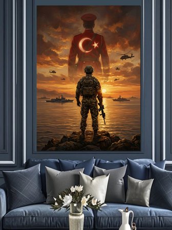 Türk Bayrağı Önünde Nöbetçi Mehmetçik Dekoratif Kanvas - Mdf Ahşap Tablo