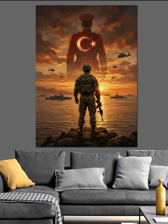 Türk Bayrağı Önünde Nöbetçi Mehmetçik Dekoratif Kanvas - Mdf Ahşap Tablo