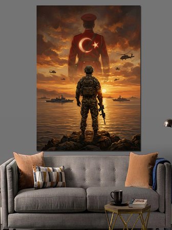 Türk Bayrağı Önünde Nöbetçi Mehmetçik Dekoratif Kanvas - Mdf Ahşap Tablo