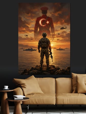 Türk Bayrağı Önünde Nöbetçi Mehmetçik Dekoratif Kanvas - Mdf Ahşap Tablo