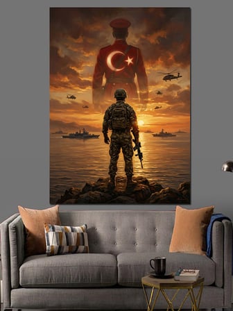 Türk Bayrağı Önünde Nöbetçi Mehmetçik Dekoratif Kanvas - Mdf Ahşap Tablo