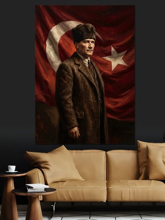 Türk Bayrağı Önünde Atatürk Portresi Dekoratif Kanvas - Mdf Ahşap Tablo