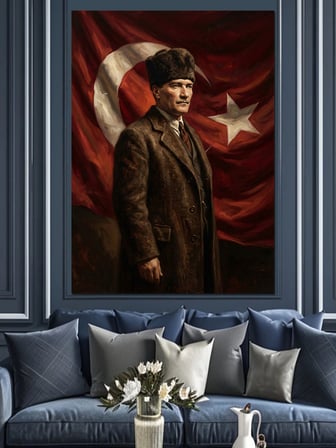 Türk Bayrağı Önünde Atatürk Portresi Dekoratif Kanvas - Mdf Ahşap Tablo