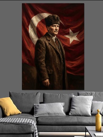 Türk Bayrağı Önünde Atatürk Portresi Dekoratif Kanvas - Mdf Ahşap Tablo