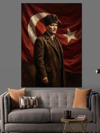 Türk Bayrağı Önünde Atatürk Portresi Dekoratif Kanvas - Mdf Ahşap Tablo
