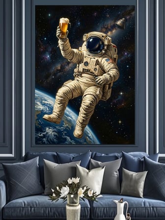 Bira İçen Astronot Uzay Boşluğu Dekoratif Kanvas - Mdf Ahşap Tablo
