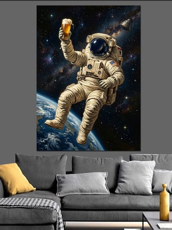 Bira İçen Astronot Uzay Boşluğu Dekoratif Kanvas - Mdf Ahşap Tablo