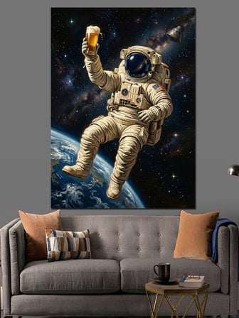 Bira İçen Astronot Uzay Boşluğu Dekoratif Kanvas - Mdf Ahşap Tablo