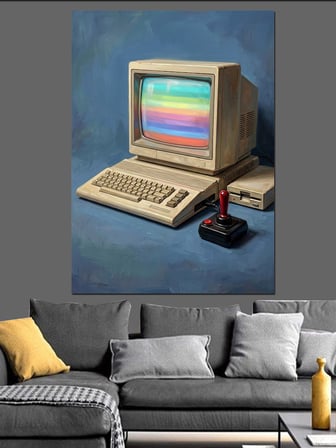 Eski Seksenler Bilgisayarı Ve Joystick Dekoratif Kanvas - Mdf Ahşap Tablo