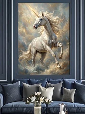 Bulutlarda Koşan Beyaz Unicorn Dekoratif Kanvas - Mdf Ahşap Tablo