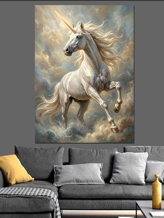 Bulutlarda Koşan Beyaz Unicorn Dekoratif Kanvas - Mdf Ahşap Tablo