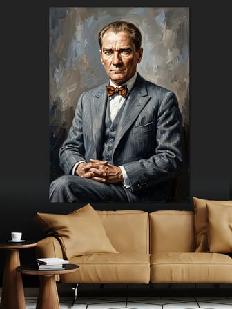 Gri Takımlı Papyonlu Atatürk Dekoratif Kanvas - Mdf Ahşap Tablo