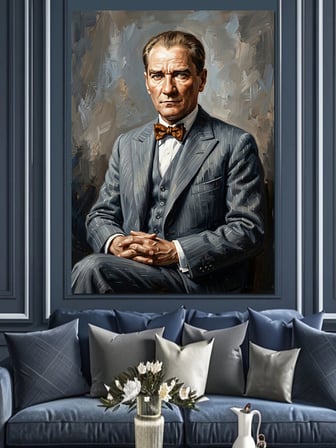 Gri Takımlı Papyonlu Atatürk Dekoratif Kanvas - Mdf Ahşap Tablo