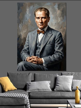 Gri Takımlı Papyonlu Atatürk Dekoratif Kanvas - Mdf Ahşap Tablo