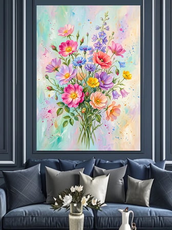 Pastel Renkli Çiçek Buketi Dekoratif Kanvas - Mdf Ahşap Tablo