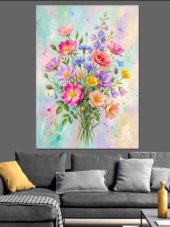 Pastel Renkli Çiçek Buketi Dekoratif Kanvas - Mdf Ahşap Tablo