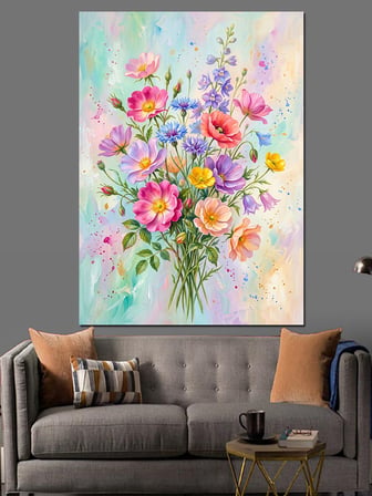 Pastel Renkli Çiçek Buketi Dekoratif Kanvas - Mdf Ahşap Tablo
