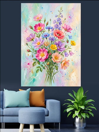 Pastel Renkli Çiçek Buketi Dekoratif Kanvas - Mdf Ahşap Tablo