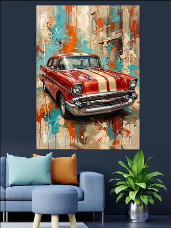 Kırmızı Klasik Araba Pop Art Dekoratif Kanvas - Mdf Ahşap Tablo
